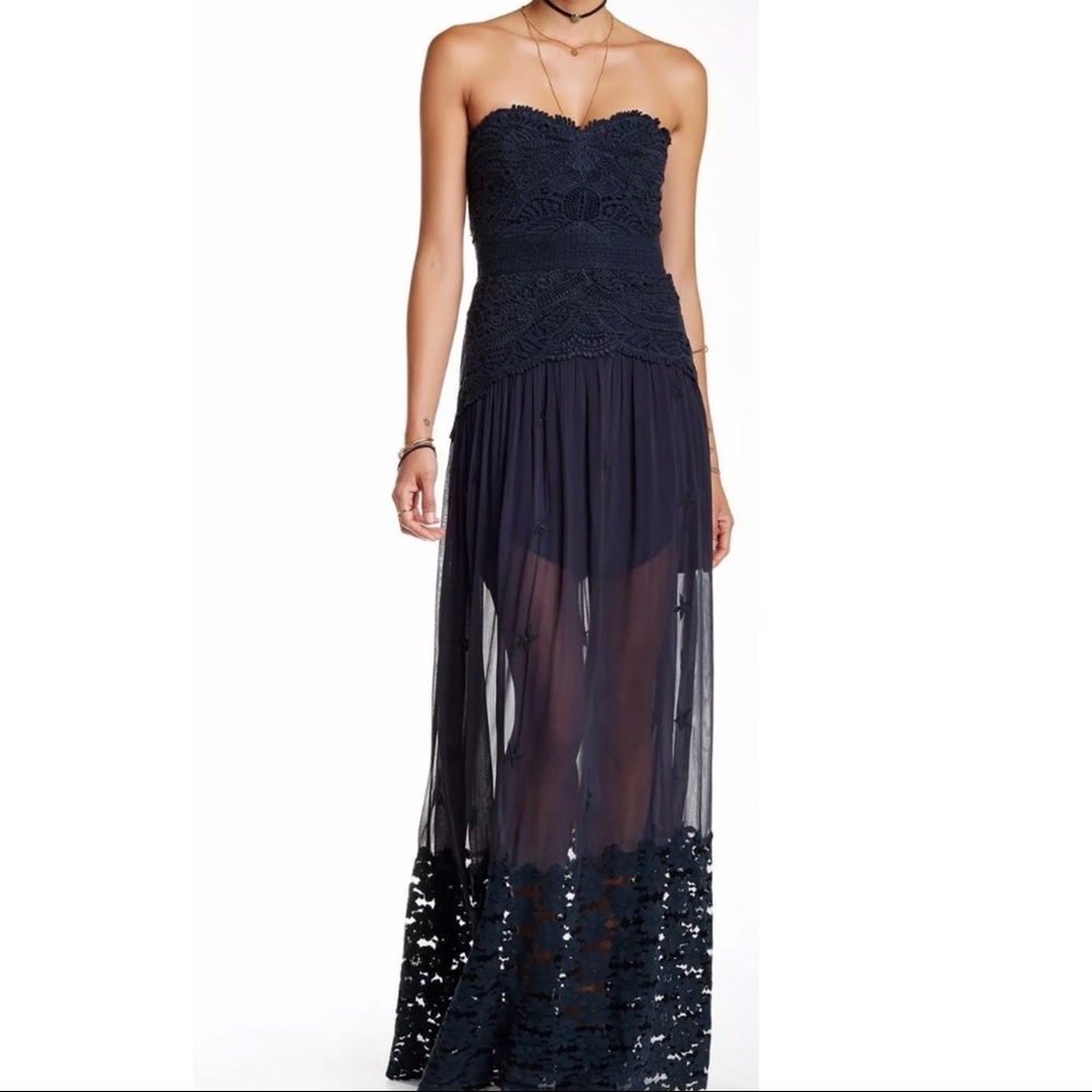 Free People Blue Monarch Lace Strapless Maxi